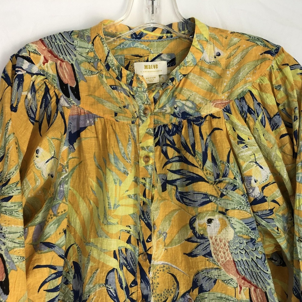 Maeve Anthropologie Blouse Womens Medium Yellow Tropical Parrot Print Boho Top - Picture 2 of 12